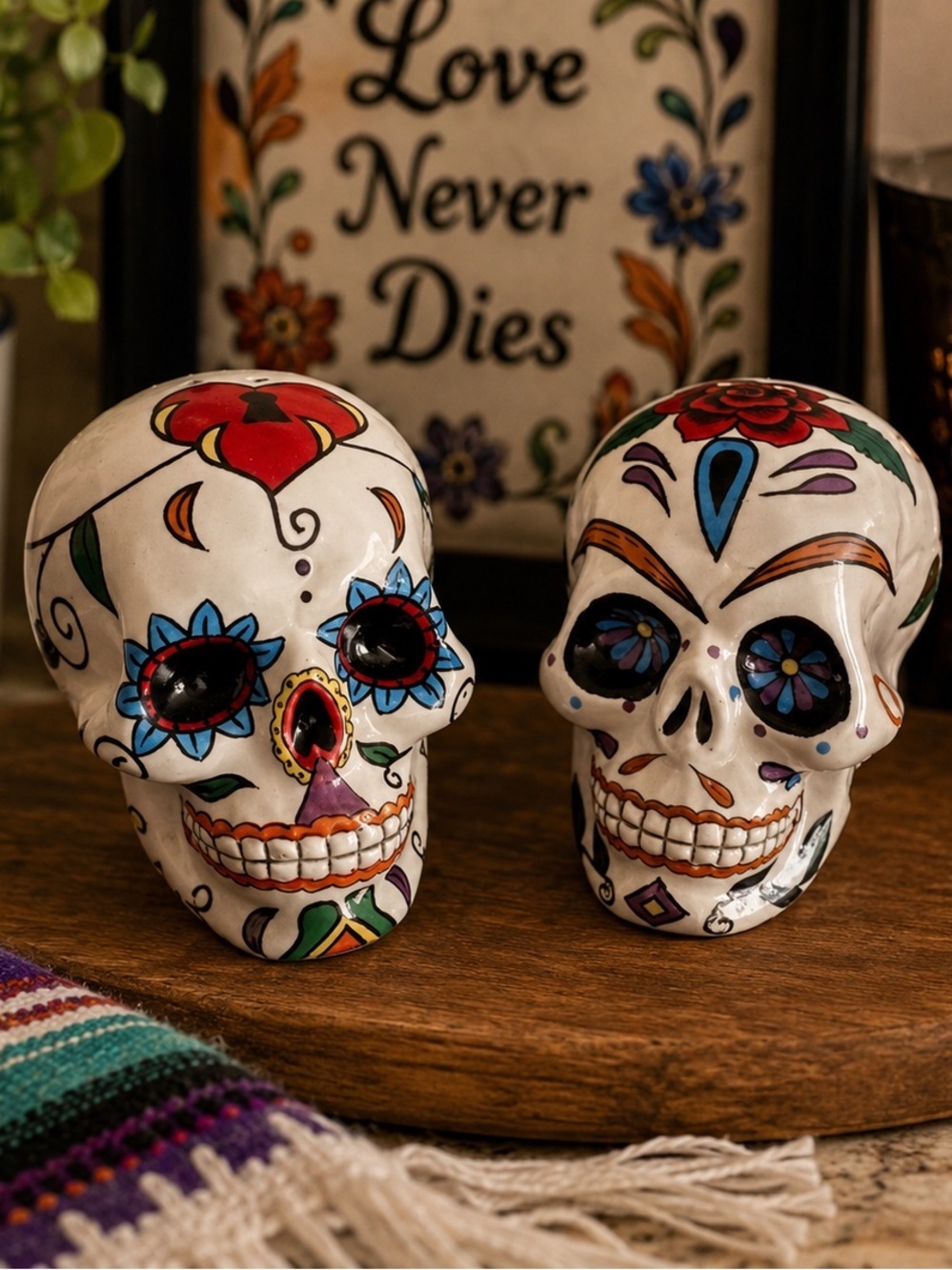 Day of the Dead Sugar Skull Salt & Pepper Shaker Set Love Never Dies